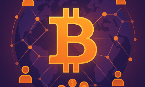 Modern digital illustration featuring a glowing Bitcoin symbol at the center, connected to human icons across a world map. The image represents Bitcoin's decentralized nature and peer-to-peer transaction system, ideal for educational content on cryptocurrency.