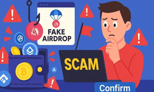 Conceptual image highlighting the risks of crypto airdrop scams. It depicts common traps like fake websites, malicious transactions, and phishing attempts targeting blockchain wallet users. The design conveys the importance of security awareness in the world of free token distributions.