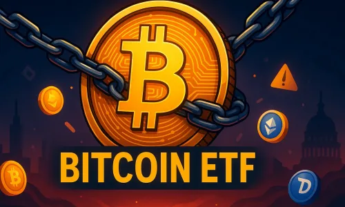A cartoon depiction of Donald Trump unlocking a massive Bitcoin vault representing the U.S. Strategic Reserve, symbolizing his growing involvement in the crypto market.