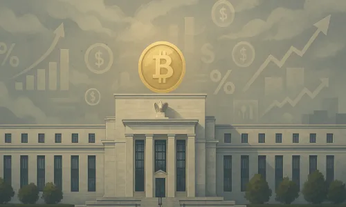 An abstract digital illustration showing the U.S. Federal Reserve building with economic symbols like interest rate charts, inflation indicators, and dollar signs in the background. The artwork reflects the Fed's cautious stance and the complex global environment in mid-2025.