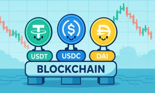 A cartoon-style image showing popular stablecoins—USDT, USDC, and DAI—standing confidently on a blockchain foundation. The background shows a volatile market chart, highlighting the contrast between price stability and crypto market swings. This visual is designed to represent how stablecoins offer a safer, more predictable option in the world of digital assets.