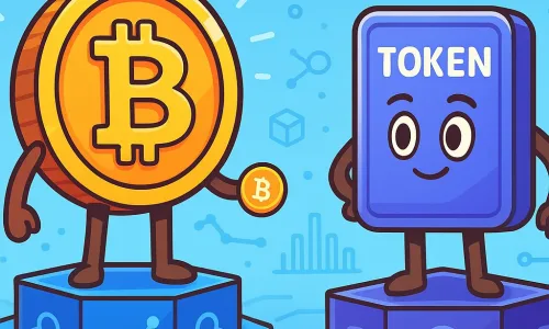 A cartoon-style image showing the core difference between crypto coins and tokens. The coin is displayed as a golden digital currency with its own blockchain base, while the token appears as a smart contract-based asset running on an existing blockchain. This visual supports the article "Crypto Tokens vs Coins: What’s the Real Difference?" by illustrating how each asset functions in the blockchain ecosystem.
