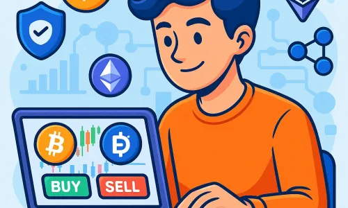 This cartoon-style illustration shows a beginner interacting with a cryptocurrency exchange on a laptop. The visual includes crypto icons, market charts, and symbols for security and blockchain, helping to represent the core concepts explained in the article.
