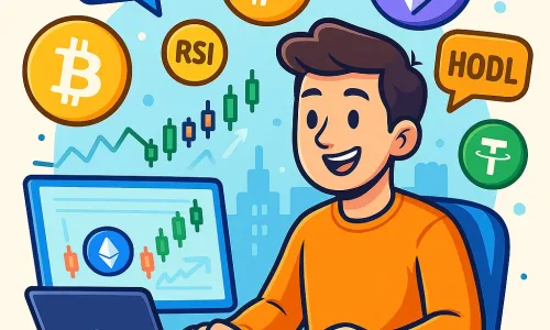 A cartoon-style image showing a crypto trader at a desk with floating cryptocurrency icons and key trading terms, visually representing the concept of a glossary for crypto trading beginners.