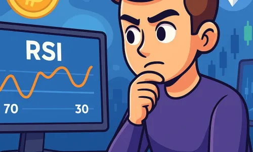 Cartoon-style image of a crypto trader analyzing an RSI chart on a computer screen, showing key RSI levels and trading indicators.