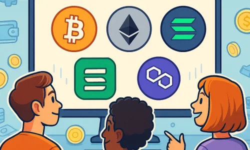 Friendly cartoon-style illustration showing new crypto users learning about beginner-friendly coins like Bitcoin, Ethereum and Solana. Designed to visually support educational content for people starting out in the crypto world.