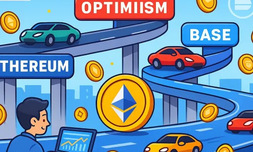 A cartoon illustration showing how Layer 2 networks like Arbitrum, Optimism, and Base operate on top of Ethereum to offer faster and cheaper blockchain transactions.