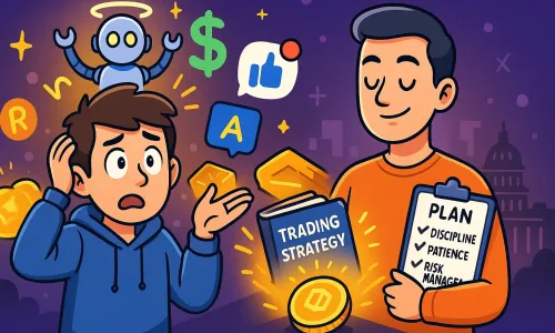 Ilustração em estilo cartoon mostrando um trader iniciante cercado por ícones que representam mitos comuns do mercado financeiro, como promessas de lucros diários, robôs milagrosos e sinais mágicos. Ao fundo, um trader experiente segura um plano com as palavras “Disciplina, Paciência e Gestão de Risco”, representando o caminho real para a consistência no trading.