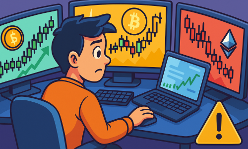 Illustration of a beginner navigating the crypto trading market, analyzing charts and price movements of digital assets like Bitcoin and Ethereum. The image highlights the importance of strategy, emotional control, and risk management in day trading and swing trading environments.