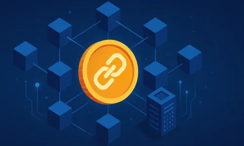 This illustration shows a stylized blockchain network. At the center, a large golden coin with an interlocking chain symbol represents the core of blockchain technology. Surrounding the coin are connected blue cubes symbolizing distributed nodes or blocks. A server structure appears in the bottom corner, with binary code and digital circuit lines extending outward, all set against a deep blue background with a tech-inspired design.