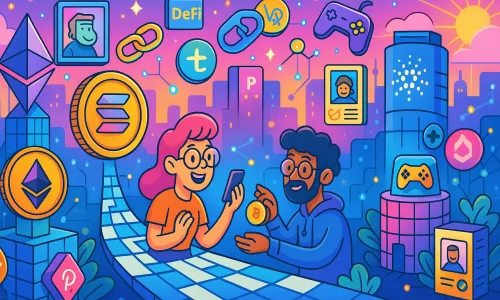 Uma ilustração em estilo cartoon que representa o ecossistema das altcoins como uma cidade futurista construída sobre blockchain, com tokens populares como Ethereum, Solana e Cardano, além de elementos de arte digital, DeFi e jogos. Personagens interagem com a tecnologia em um ambiente descentralizado e criativo.