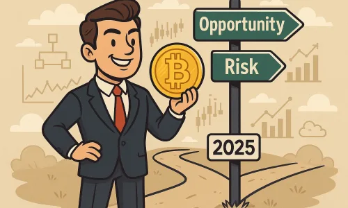Cartoon-style illustration depicting an investor in 2025 standing at a crossroads while holding a large Bitcoin coin. The signs “Opportunity” and “Risk” represent the choices investors face. The background features market charts, digital symbols, and blockchain-themed graphics to reflect the crypto environment.