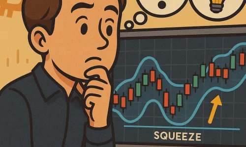 An educational cartoon-style illustration showing how Bollinger Bands react to market volatility, featuring a Bitcoin price chart with expanding and contracting bands, and a trader analyzing signals.