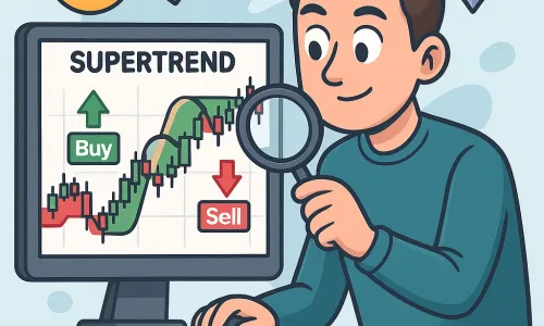A cartoon-style graphic showing a cryptocurrency price chart with Supertrend lines in green and red, indicating buy and sell trends for traders.