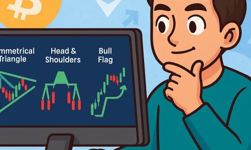 A cartoon-style image showing a cryptocurrency trader sitting at a desk, analyzing a computer screen with three chart patterns: a symmetrical triangle, head and shoulders, and a bull flag. The trader appears focused and confident, with Bitcoin and Ethereum logos subtly placed in the background. The overall design is clean, colorful, and modern.