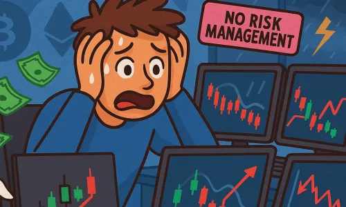 A cartoon-style illustration showing a crypto trader overwhelmed by losses, surrounded by warning signs representing common trading mistakes like emotional decisions, lack of strategy, excessive leverage, poor risk management, and blindly following signals.