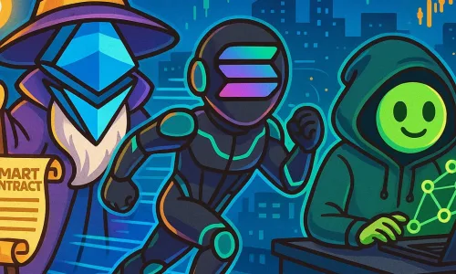 Cartoon-style image featuring Ethereum, Solana, and Kaspa as futuristic characters, representing top altcoins with high potential in the 2025 crypto market.