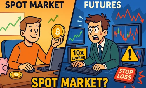 Ilustração em estilo cartoon dividida em duas cenas: de um lado, um trader iniciante operando no mercado spot com segurança; do outro, um trader experiente enfrentando o mercado futuro com gráficos voláteis e alavancagem. A imagem simboliza os diferentes perfis e riscos de cada tipo de trade.