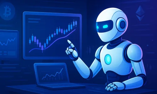 A visually striking digital illustration of a trading bot in action, surrounded by holographic crypto market charts and real-time data. The scene conveys precision, automation, and the removal of emotion from trading. The image is clean, text-free, and ideal as a featured visual for articles or content about trading automation and crypto strategies.